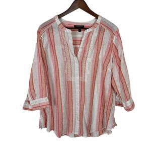 Lane Bryant Pink Orange Striped Linen Blend Button Down Shirt Women's 14/16